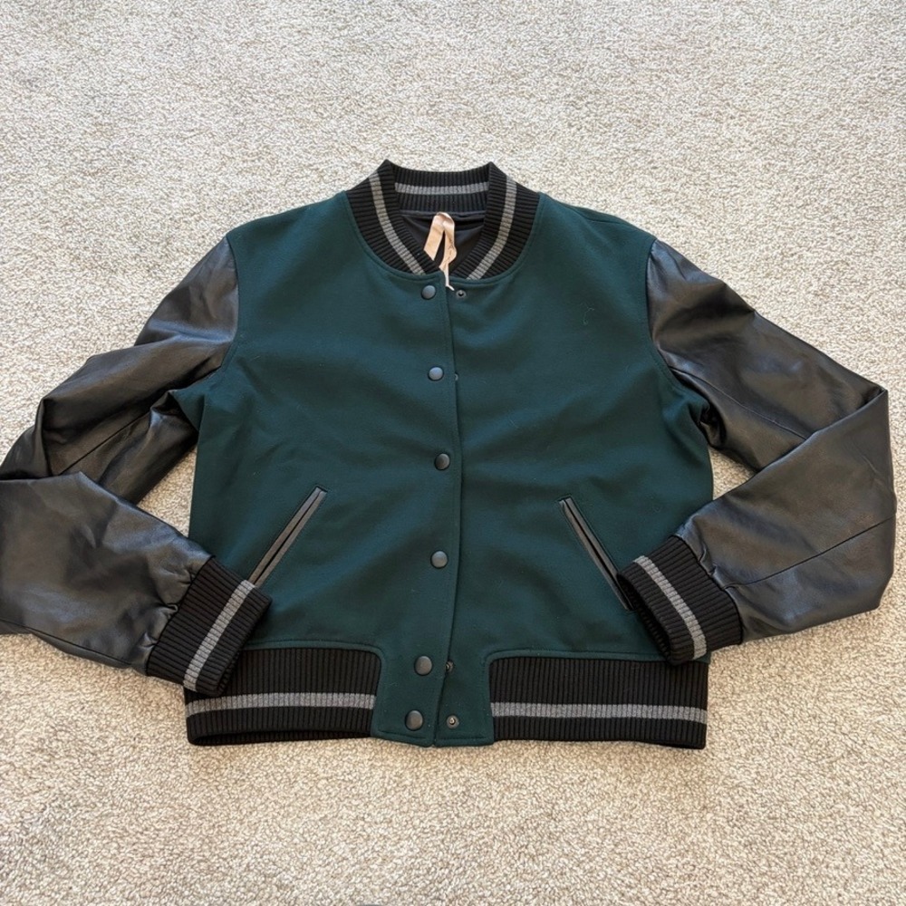 Bailey 44 Varsity Bomber Jacket Womens M Green Faux Leather Collegiate